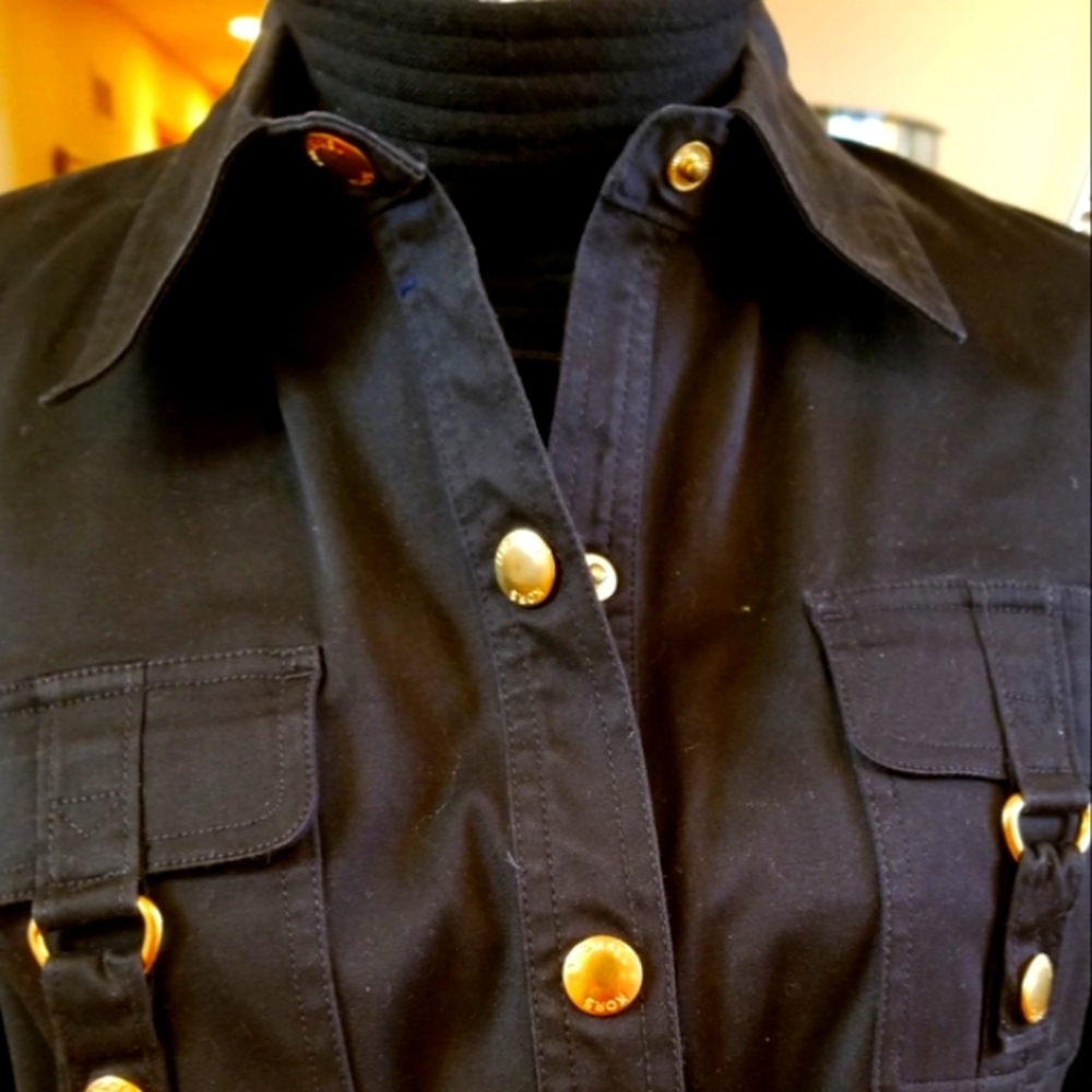 Michael By Michael Kors Cotton Black Trench Coat with Gold Buttons and Belt - Picture 2 of 8